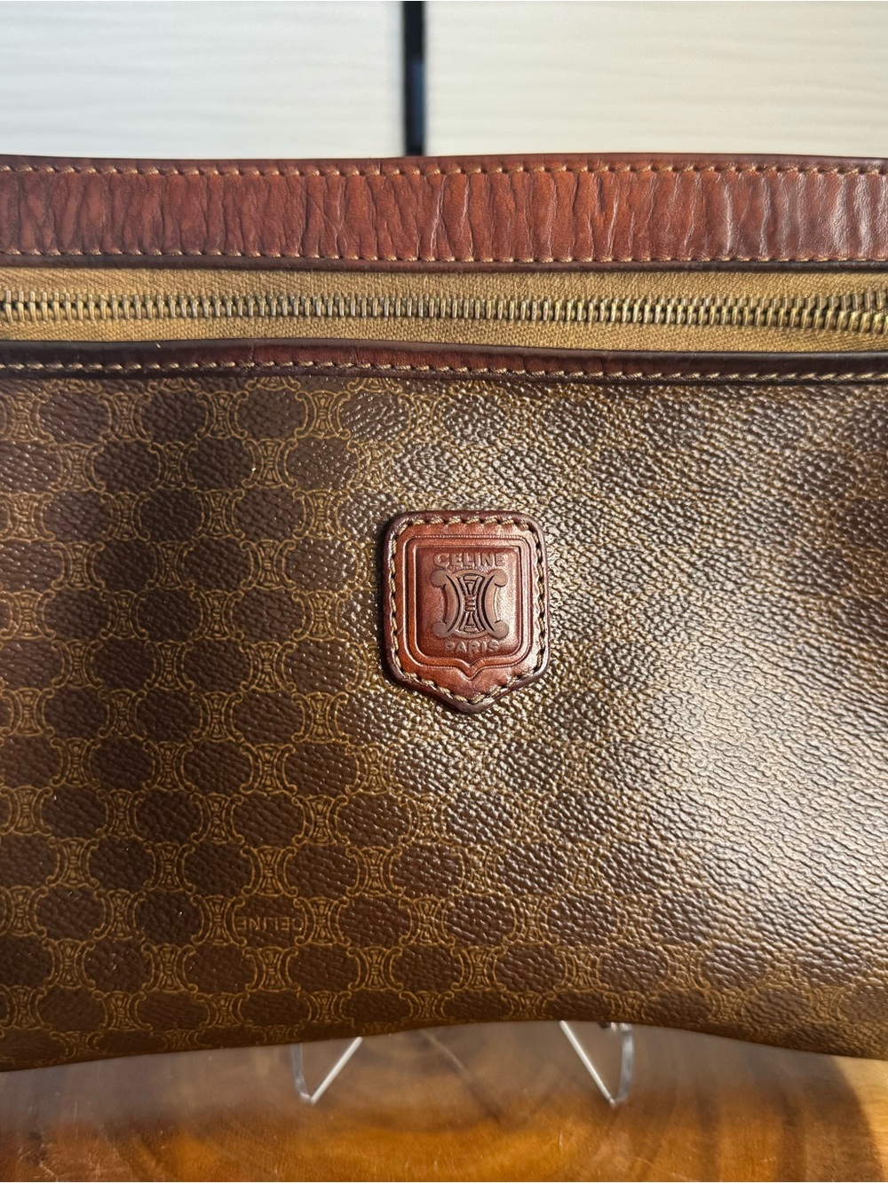 Celine Brown Monogram Macadam Canvas Clutch with Leather Trim- Vintage